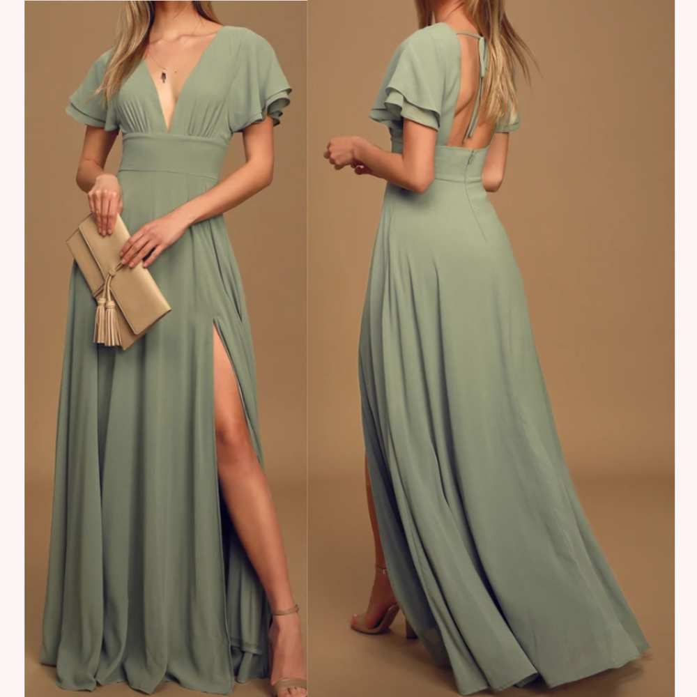 LULU'S SZ L Promise Of Love Sage Brush Flutter Sleeve Maxi Dress NEW B172